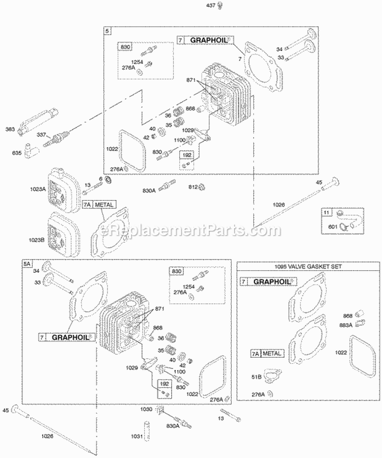 Cylinder Head Valves Gasket Set - Valve Diagram and Parts List for 303777-1114-E1  Briggs and Stratton Engine